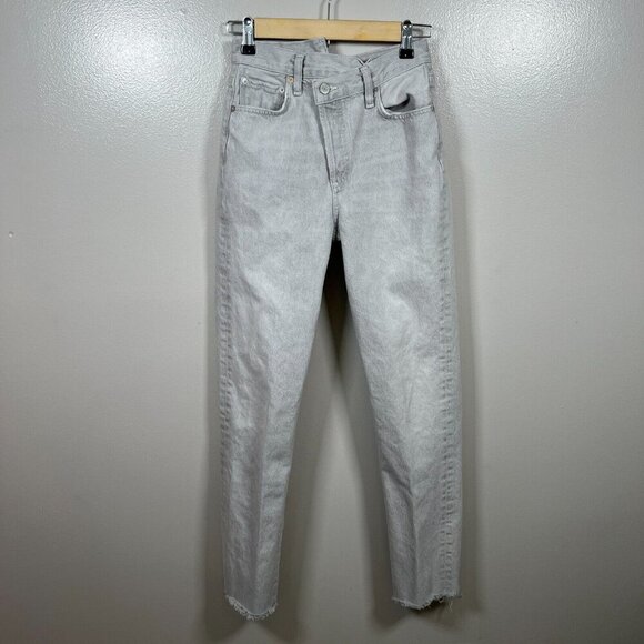 Agolde Criss Cross Jeans Size 24 Gray Frayed Hem Straight Leg High Rise Denim - Picture 2 of 12